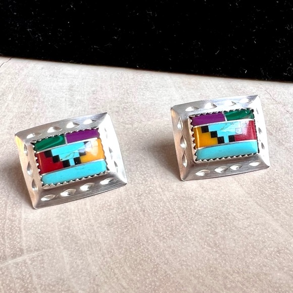 Southwest Style Necklace Earring Set Liquid Silver Semi-Precious Inlay Stones - Picture 3 of 16